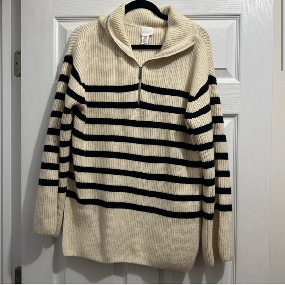 H&M Oversized Cream Striped Rib-knit Half-zip Sweater - Picture 2 of 2